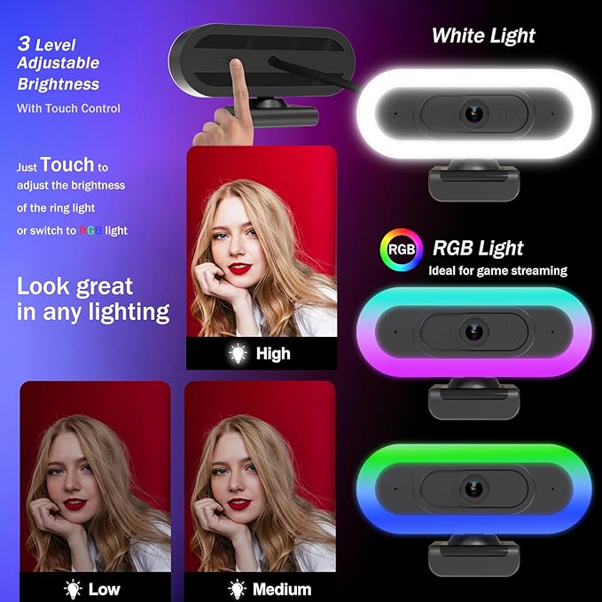 2K Webcam for PC, Plug and Play USB C Webcam with Dual Microphones,Ring Light,Fill RGB Light & Cover,Autofocus,65°FOV,1080P@60FPS, PC Web Camera for Desktop Computer Laptop Mac Zoom Streaming