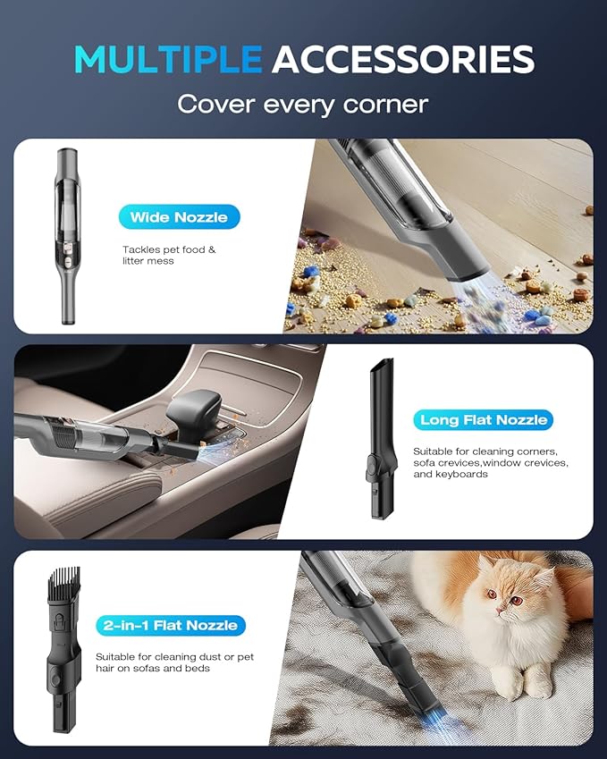 Zefiro Handheld Car Vacuum Cleaner, 22KPa Hand Held Vacuum Cordless Rechargeable with 2 HEPA Filters, 2 High Powerful Suction, 2 Nozzles, Portable Mini Dustbuster for Car, Home, Office, Pet Hair, S10
