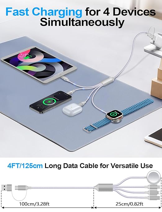 4-in-2 Charging Cable for Apple Watch Charger/Samsung/iPhone Charger,Car/Office/Camping/Travel Essentials,Type C Cable Multi Cord for iWatch Ultra/10-2/iPhone 16-11/Samsung S25-S20,iPad,airPods-Purple