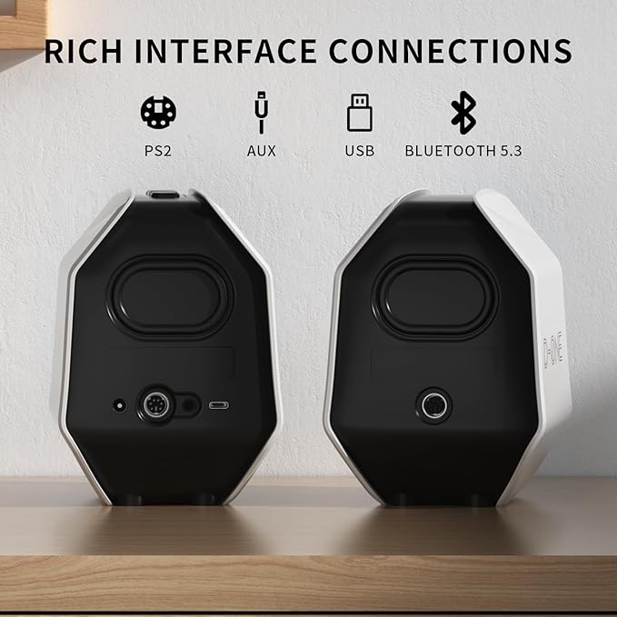 D-ONE 30W PC Gaming Computer Speakers for Laptop, Mac, Desktop Computer, Woofer Speakers, Bluetooth, USB, 3.5mm AUX Inputs, RGB Lights, Multimedia Speakers, White