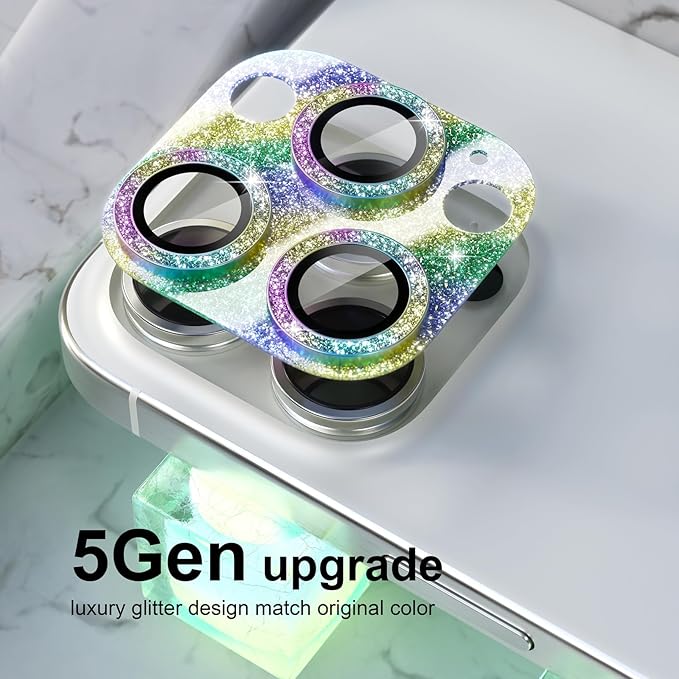 Choiche Compatible for iPhone 16 Pro/iPhone 16 Pro Max Camera Lens Protector, Bling Camera Cover with 9H Tempered Glass Lens Screen Protector Metal Ring Decoration Accessories (Glitter-Colorful)