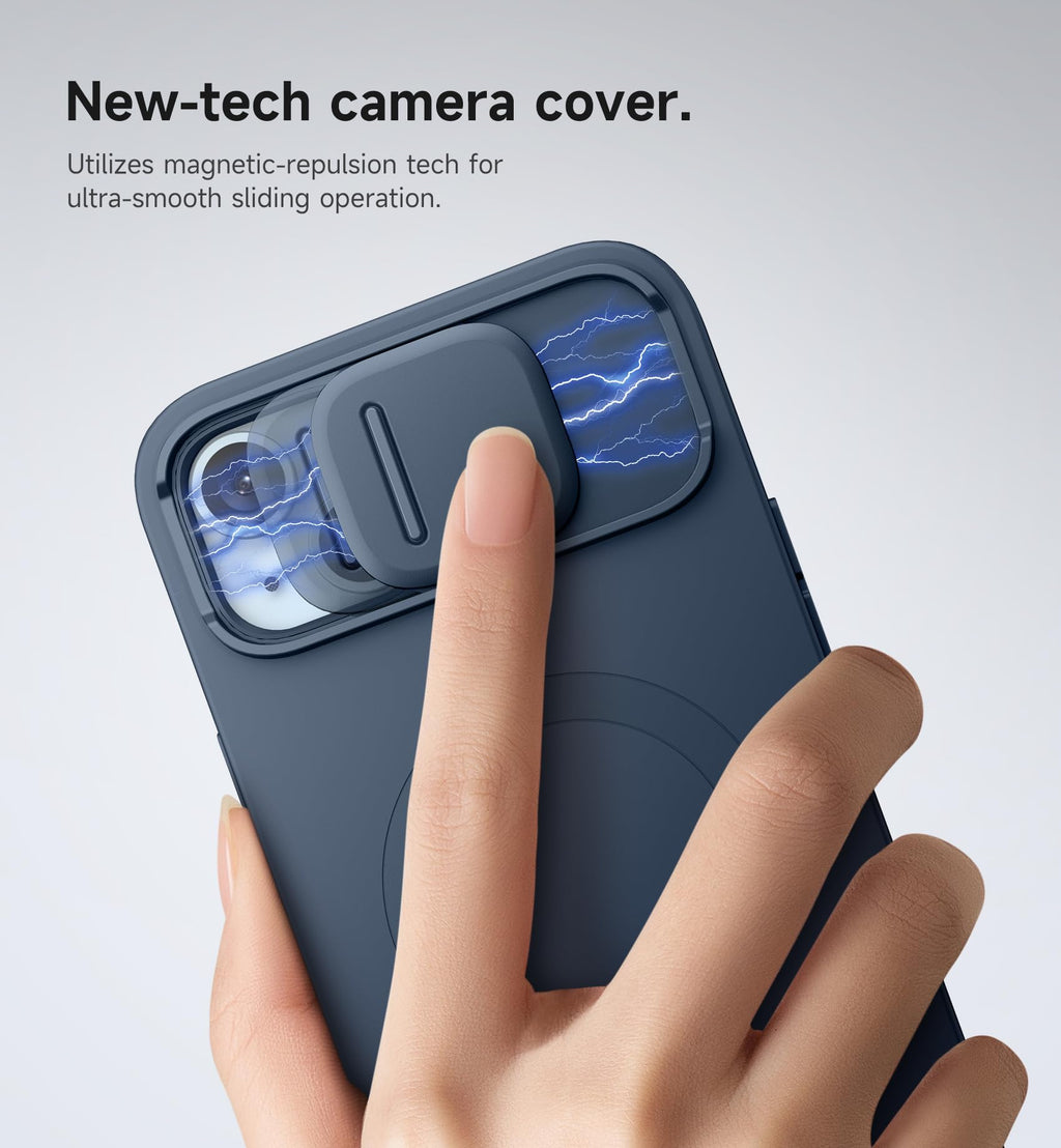 SURITCH for iPhone 14 Plus/15 Plus Case with Magnetic Camera Slide Cover and Adjustable Kickstand, Compatible with MagSafe, Shockproof Bumper Case Slim Protective Cover 6.7 Inch, Blue