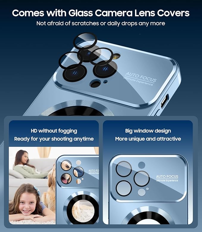 Magnetic for iPhone 14 Pro Max Case, Compatible with MagSafe, Built-in Camera Lens Protector, Logo View, Military Grade Drop Proof Phone Case Cover, Sierra Blue