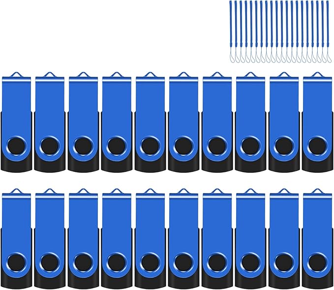 EASTBULL Flash Drive Bulk 2GB USB 20 Pack with Lanyards USB 2.0 Thumb Drive Bulk Memory Stick Swivel Pen Drive for Storage and Backup 2 GB 20 Pack, Blue