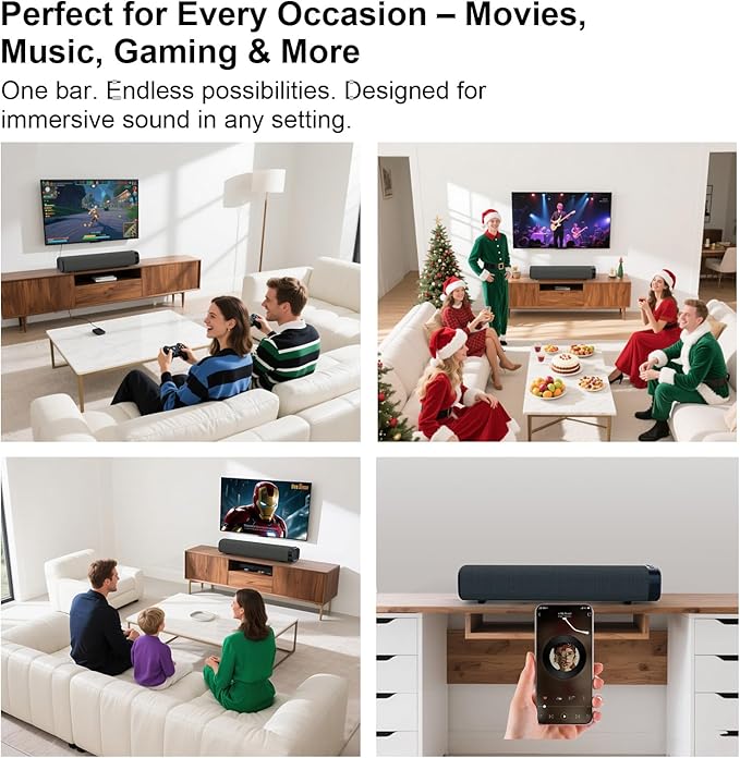Sound Bar for Smart TV , Surround Sound System for TV – 50W Bluetooth Soundbar with Bluetooth, ARC, Optical, and AUX Connectivity, Remote Control, Wall-Mountable, Compatible with TV, PC, and Phone