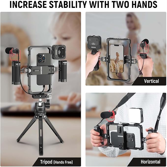 NEEWER Smartphone Video Rig with Neck Strap/Dual Handle/Lavalier Mic Clip Slot Compatible with SmallRig Video Recording Phone Cage Stabilizer for iPhone 16 15 Pro Max Galaxy S23 Pixel 8 Pro, PA009S