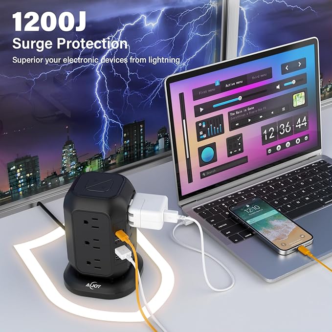 AiJoy Power Strip Tower Surge Protector with 12 AC Outlets, 3 USB-A & 1 USB-C Ports, 10 FT Extension Cord, Charging Station with Overload Protection, for Home Office Dorm Living Room