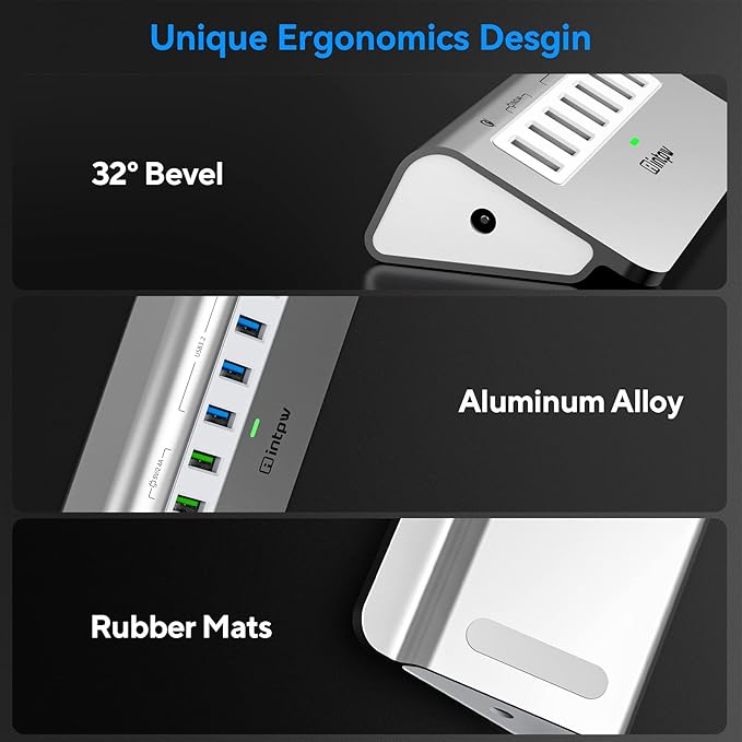 Powered USB Hub 10Gbps, Aluminum 7 Port USB 3.2 Data Hub with 4 USB 3.2 Gen 2 Ports, 3 Fast Charging Ports, 30W Power Adapter, Type A & C Cable for Mac, PC, Laptop