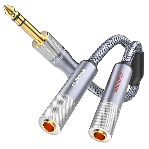 Microphone Splitter 2 Feet/60CM TRS 1/4 inch Splitter 1 Male to 2 Female, 6.35mm Stereo Male Plug to Dual 6.35mm Female-Grey (1PACK)