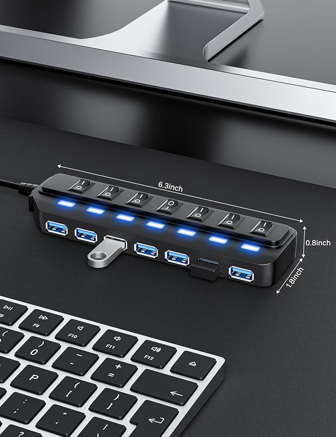 USB Hub 7 Port,USB 3.0 Hub Splitter with Individual On/Off LED Switches, USB Hub for PC 5Gbps HighSpeed Data for Laptop, MacBook, Mac Pro, Mac mini, iMac, Surface Pro and More