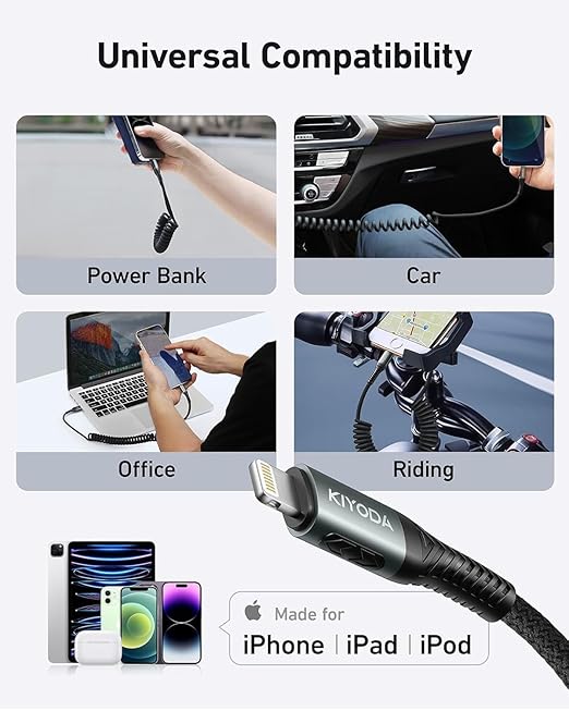 USB to Lightning Cable for Car 6FT, Coiled iPhone Charger Braided Lightning Cable [Apple MFi Certified] Fast Charging Cord Compatible with iPhone 14 Pro/Pro Max/Plus 13 12 11 8 7, iPad AirPods