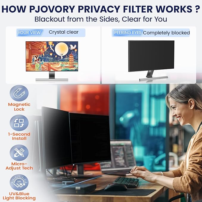 Magnetic Privacy Screen for Frameless Computer Monitor 23 Inch 16:9 Aspect Ratio,Hanging Blue Light Screen Protector Eye Protection Anti-Spy Shield, 23in Removable Privacy Filter
