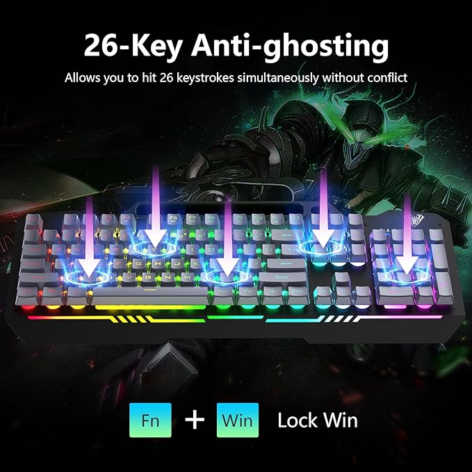 AULA T102 104 Keys Gaming Keyboard and Mouse Combo with RGB Backlit, All-Metal Panel Waterproof Light Up Quiet Computer Keyboard, USB Wired for MAC Xbox PC Gamers