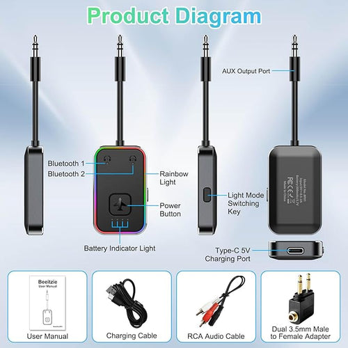 2026 Beeitzie Ultra Airplane Bluetooth 5.4 Transmitter for All Headphones, aptX LL, Supports 2 Headphones/AirPods, Wireless Audio Adapter for in-Flight, TV, Gym, Tablets，Metal Frame