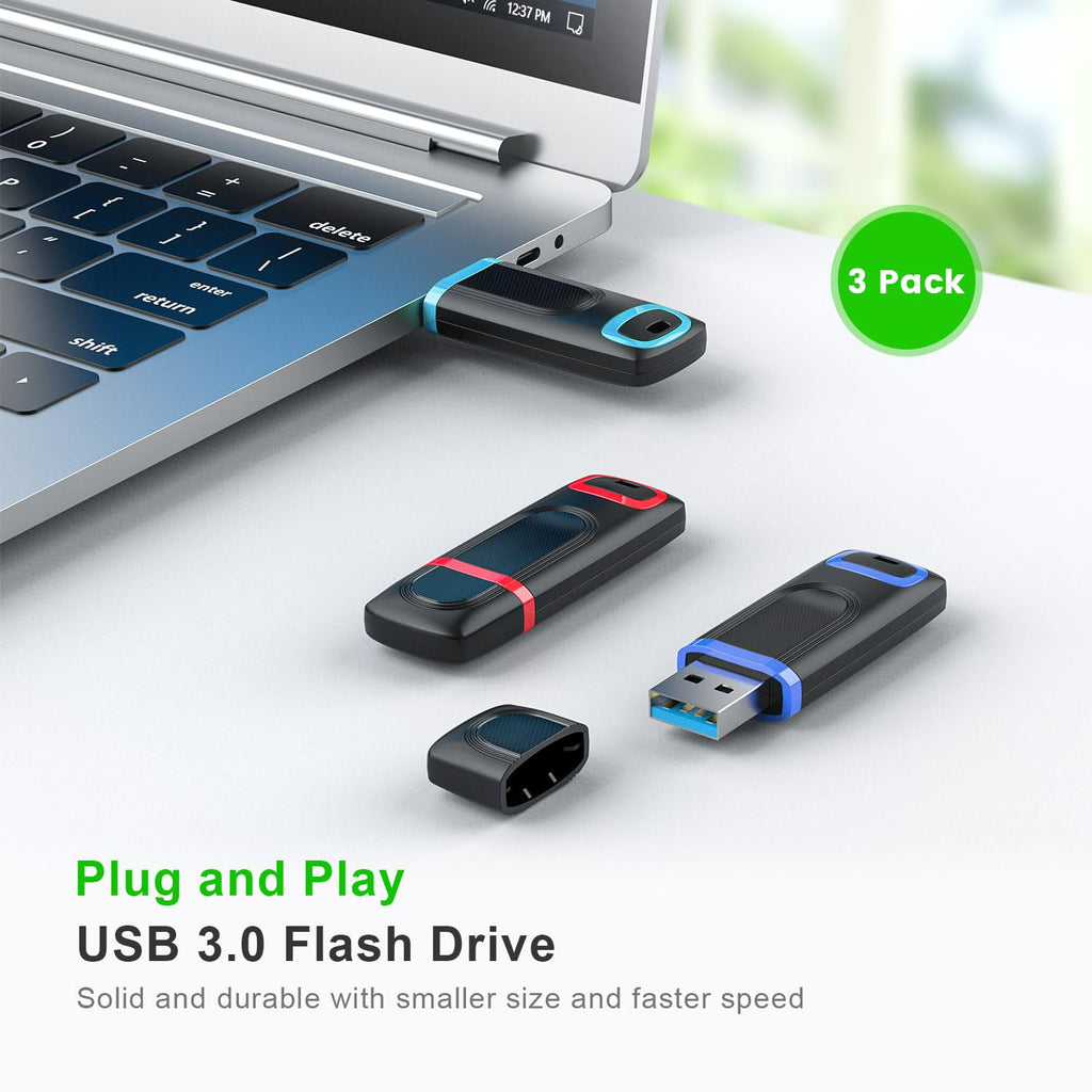 TOPESEL 128GB Flash Drive 3 Pack, USB 3.0 Thumb Drives High Speed Memory Stick Jump Drive Zip Drive for Data Storage and Backup (Three Mixed Colors: Red Blue Cyan)