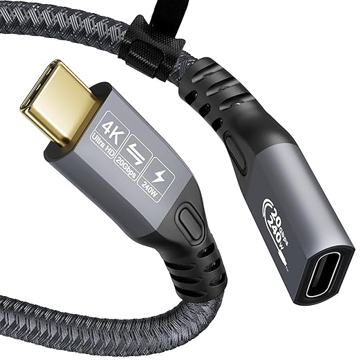 CABLEDECONN Type C Cable 3ft 1m, 240W 48V/5A USBC to USB C 3.2 Gen2×2 Extension Cable, 20Gps Male Female Extender Cable, 4K@60Hz Dual C Video Cord Compatible with MacBook Pro