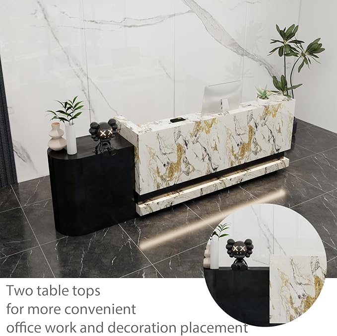 Front Desk Reception Counter - Lockable Storage & Keyboard Tray | Reception Desk with Counter, Customizable Large Counter Table (Black+White, 104'')