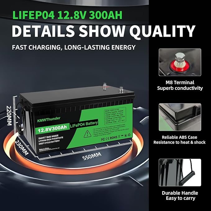 Lifepo4 Battery 300ah 12v 300ah Lifepo4 Battery Built-in BMS Protection Cycle Times Up T0 10000 10 Years Life Support 4 Series Connection Suitable for RV/Camper 2pack