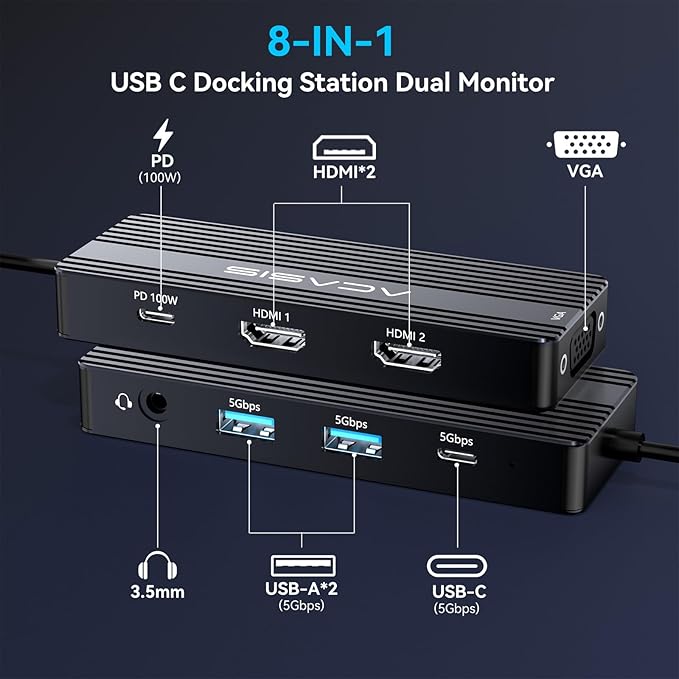 ACASIS USB C Docking Station Dual Monitors,8-in-1 Laptop Docking Station with Dual HDMI +VGA +3 * 5G USB-A/C+3.5MM Audio+PD100W, USB C HUB multiport Adapter for Dell/HP/Lenovo ThinkPad（Black）