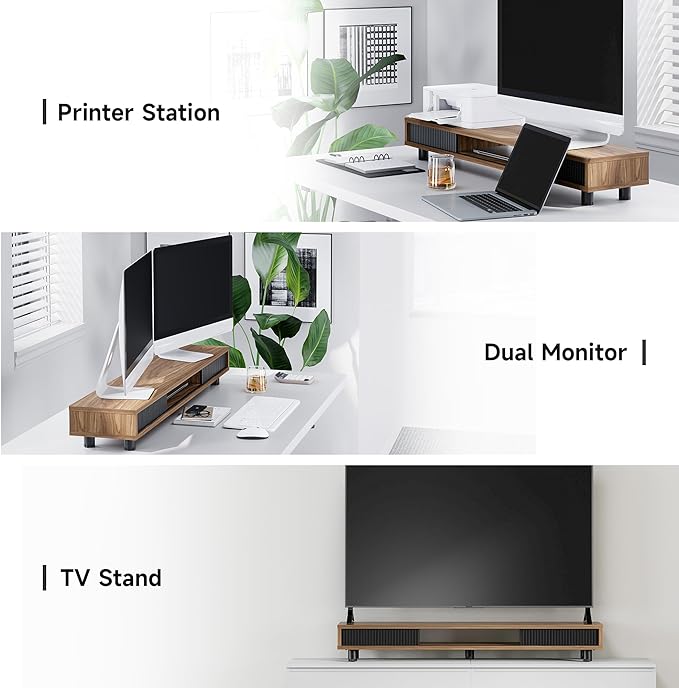 Fenge Dual Monitor Stand, 42.5inch Long Monitor Stands Riser for 2 Monitors, Sliding Door with Storage Organizer Stand for Desk, 2 Tier Desk Shelf for Laptop, Pc, Printer, Computer, TV