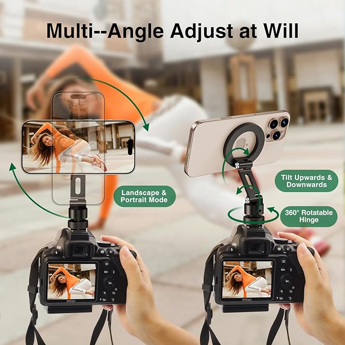 elitehood Aluminum Magnetic Camera Phone Mount with 360° Rotatable Cold Shoe Base, MagSafe iPhone Tripod Mount Adapter with 1/4” Screw & Hot Shoe, 180° Tilt Cell Phone Holder for Tripod Attachment