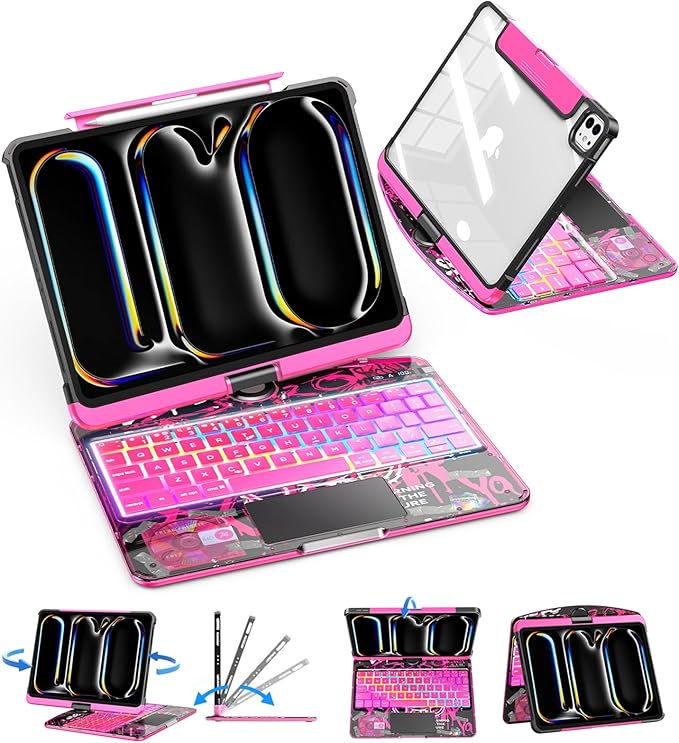 SIBEITU Keyboard Case for iPad Pro 11 Inch (M5 2025 / M4 2024), 360 Rotatable iPad Pro 11 Clear Cover with Multi-Touch Trackpad, 7-Color Backlight & 3 Brightness, High-Tech Visible PCB Design, Pink