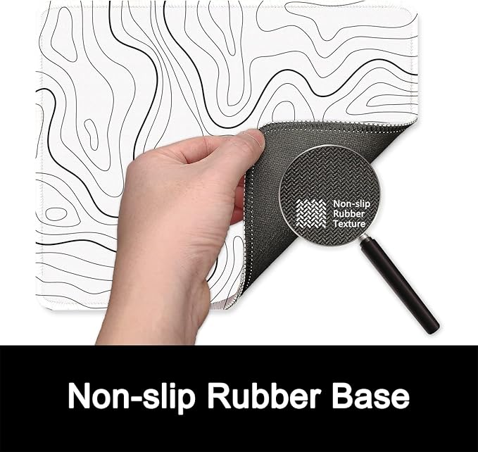 ITNRSIIET Mouse Pad with Stitched Edge Premium Textured Smooth Precise Operation Waterproof Washable Non-Slip Rubber Base Desktop Protection Mat, 10.2×8.3×0.12 inches, Topographic Contour White