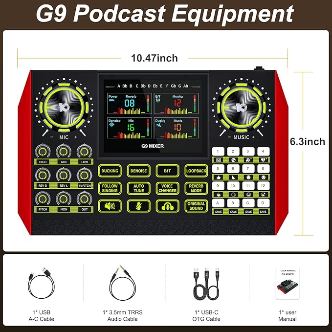 Audio mixer, suitable for live streaming, singing, and gaming on computer/phone; soundboard for 3.5mm condenser microphone; podcast mixer with live sound card, noise reduction, and one-touch mute