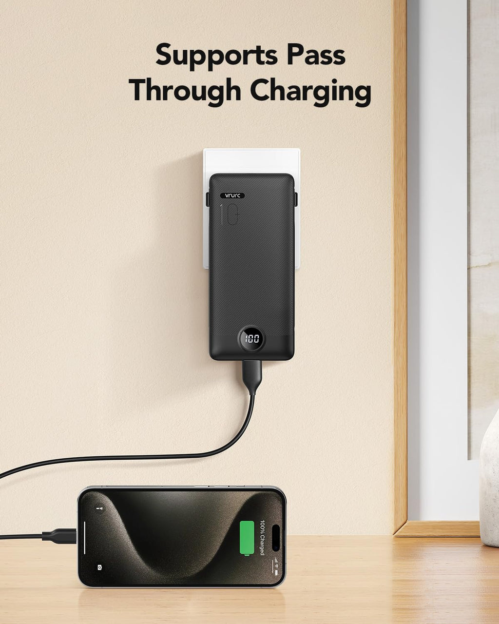 VRURC Portable Charger, Power Bank Built-in Cables and AC Wall Plug