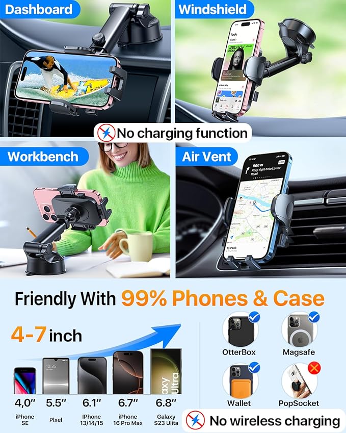 HTU [True Military-Grade] 2025 Upgraded Car Phone Holder 【Safety Certs & No Smell】 Cell Phone Holder for Car Mount for Dashboard Windshield Air Vent Long Arm Thick Case,Red