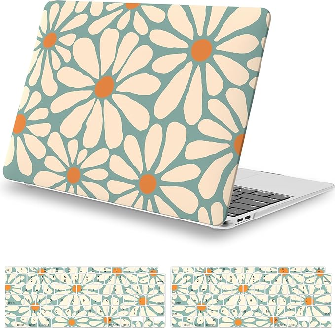 iCasso for MacBook Air 13 inch Case 2020 2019 2018 Release A2337 M1 A2179 A1932, Cute Flower Hard Shell Protective Case for MacBook Air 13.3 inch & Keyboard Cover & Screen Film, Daisy Green