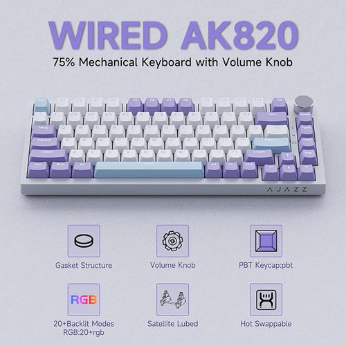 Ajazz AK820 TKL 75% Hot Swappable Mechanical Keyboard with Volume Knob, Gasket Mount Wired Gaming Keyboard, Pre-lubed Linear Switch, South-Facing RGB, PBT Keycaps