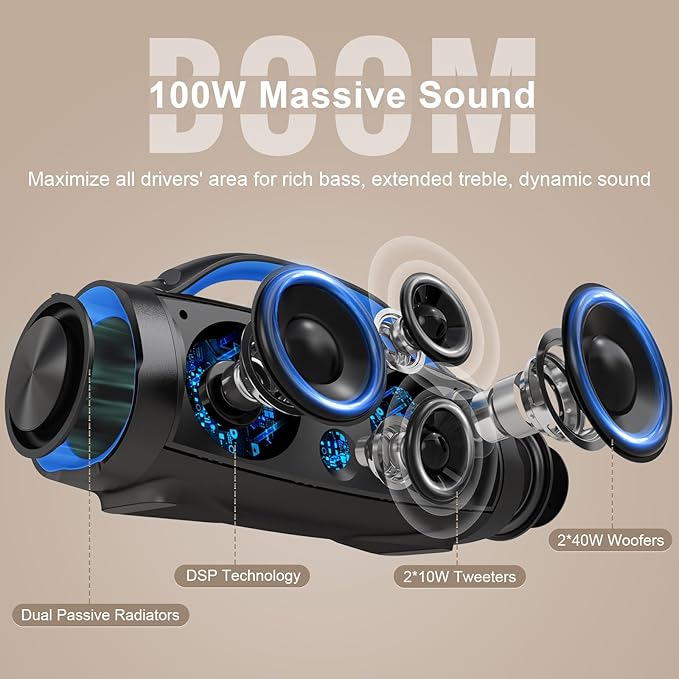 DOSS Extreme Boom Pro Loud Bluetooth Speaker with 100W Stereo Sound, Extra Bass, 20H Playtime, Party-Sync Led Lights, Built-in Power Bank, IPX6 Waterproof for Outdoor, Camping, Travel-Blue