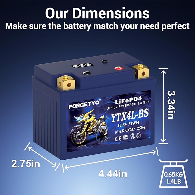 YTX4L-BS Lithium Motorcycle Battery, ATV Battery 12V 2.5AH 250CCA Compatible with Scooter, Snowmobile, Jet Ski, Scooter, PWC & More