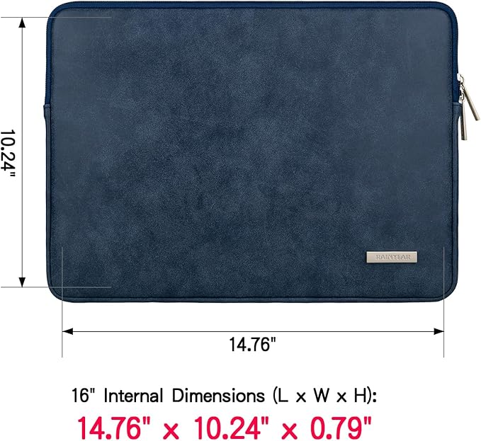 RAINYEAR 16 Inch Laptop Sleeve PU Suede Leather Case Protective Padded Cover Water Resistant Carrying Bag Compatible with 16" MacBook Pro/Max A2780 A2991 A3403 A3186 A2141 A2485 (Deep Blue)