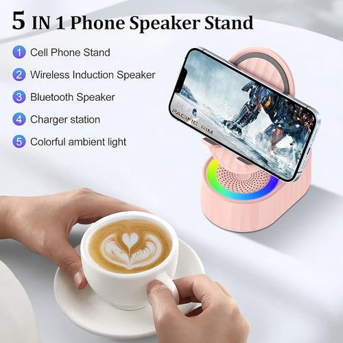 AKLLCCR Wireless Induction Audio Bluetooth Speaker 5in1 Phone Holder Emergency Rechargeable (3000mAh) with Colorful Ambient Light 300° Foldable for Tablet iPhone Android, Womens Birthday Gifts(Pink)