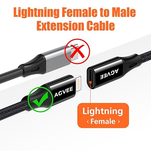 AGVEE [6.6ft Lightning Extension Cable Braided Female to Male Extender Cord for iPhone iPad Charger, Data Sync Video Audio & Charging Connector Adapter, Black