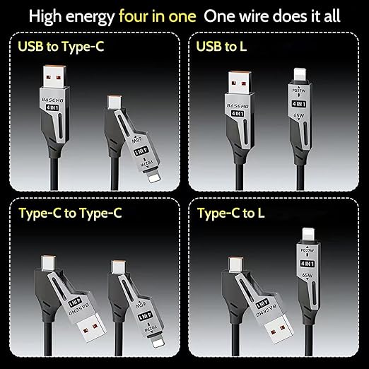 65W 4-in-1 Retractable Fast Charging Cable, 2M/6.5ft Spring Coiled USB-C to L/USB-C/USB-A Multi-Device Cord for iPhone 15/14/13, iPad, Samsung, MacBook, Laptop, Car, Tablet (2)