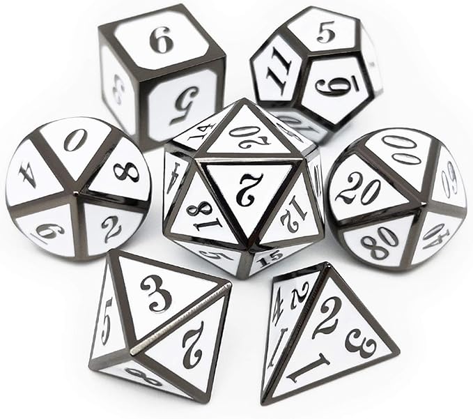 Haxtec 7 Die DND Metal Dice Set D&D 7PCS DND Dice of D20 D12 D10 D8 D6 D4 Compatible with Dungeons and Dragons RPG Games-Glossy Enamel Dice (Black White)