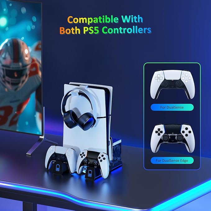 NexiGo PS5 Silent Cooling Stand for Both PS5 and New PS5 Slim Consoles, RGB LED Light, Dual Charging Station, Compatible with Dual_Sense Edge Controller, Hard Drive, Headset and Remote Holder, Black