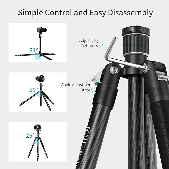 Jishane Carbon Fiber Camera Tripod, 62" Professional Video Tripod for Camera with 360° Ball Head, 1/4" Arca QR Plate, Compact Lightweight Travel Monopod for DSLR/Smartphone, Max Load 17.6 lbs/8kg
