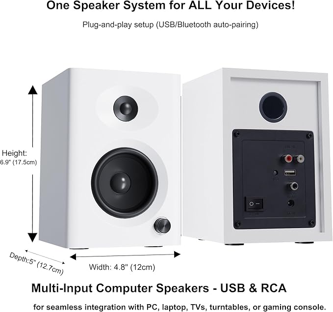 Computer Speakers for Desktop PC, 60W Powerful Sound with Deep Bass & Clear Treble – Compact Active Bookshelf Speakers for Home Office, Laptop, Music, Monitor (White, Pair)