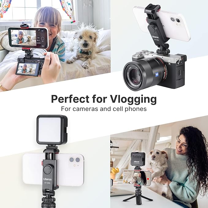 ULANZI ST-06S Phone Tripod Mount, Universal Smartphone Mount Adapter with 2 Cold Shoe, 360° Rotates Adjustable Cell Phone Clip Clamp Holder, Compatible with iPhone, Samsung Galaxy and All Phones