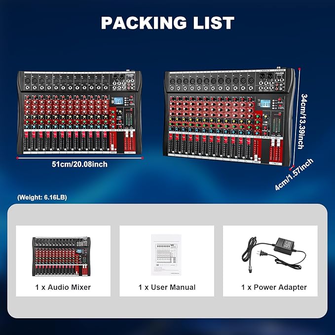 12 Channel Audio Mixer, Professional Music Mixer Board DJ Mixing Console with Bluetooth, USB/MP3 Player, Reverb, and 48V Phantom Power for Studio Recording, Karaoke, and Live Performances