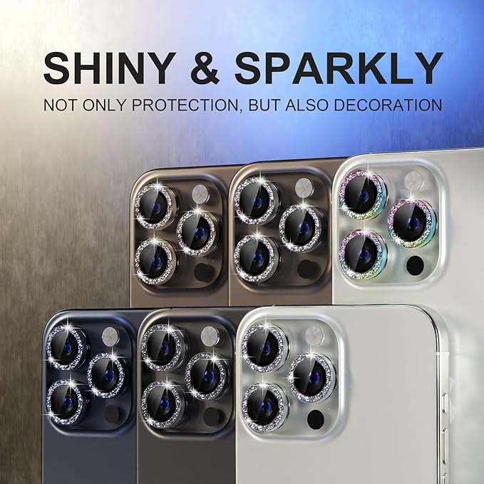 Choiche Compatible for iPhone 15 Pro/iPhone 15 Pro Max Camera Lens Protector Bling, 9H Tempered Glass Camera Cover Screen Protector Metal Ring Decoration Accessories (Glitter-Blue)