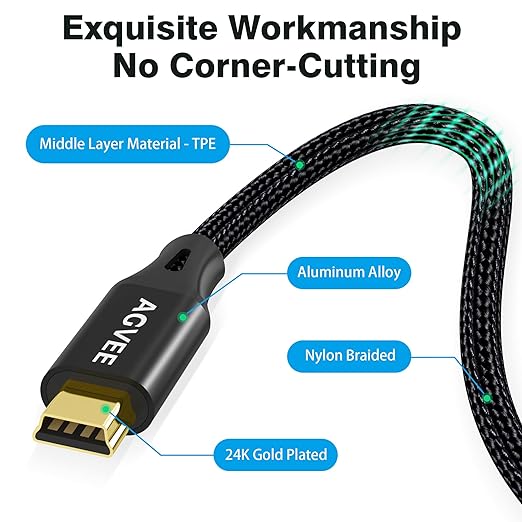 AGVEE 3.3ft Mini USB Cable, Braided Durable USB-A to Mini-B Charger Charging Cord for TI-84, Garmin GPS, Go-Pro Hero 4 3 2 HD, PS3 Controller, Canon Camera, Blue Yeti Microphone, Black