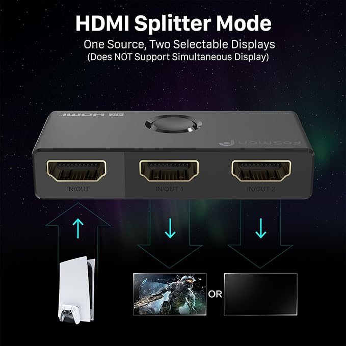 Fosmon 4K HDMI Switch 4K@60Hz, Bi-Directional 1 in 2 Out / 2 in 1 Out HDMI Switcher, High Speed 18Gbps Splitter Selector Compatible with PS5, PS4, Xbox, Roku, Apple TV, Fire Stick