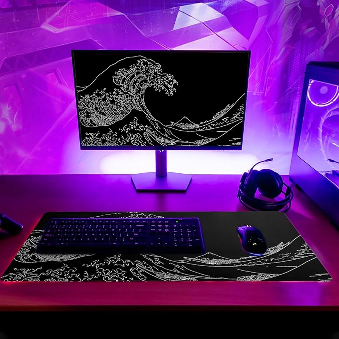 Japanese Sea Wave Large Mouse Pad Abstract Black Mouse Pad 31.5x11.8 Inch Black Kanagawa Texture Non-Slip Rubber Base Large Ocean Mousepad Stitched Edge Keyboard Mouse Mat Desk Pad for Office and Home
