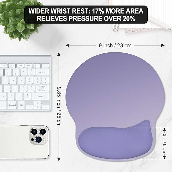 ITNRSIIET Ergonomic Mouse Pad with Wider Memory Foam Wrist Rest +17%, Curved Cushion Reduces Pressure 20%, Pain Relief, Non-Slip, Smooth, Cute Color Desk Accessory, 9.85 x 9 inch, Purple Gradient