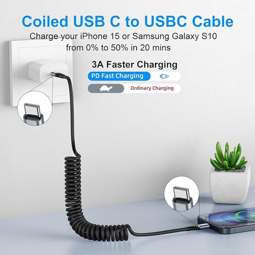2Pack Coiled USB C to USB C Charger Cable for Car Type C Fast Charger Cable